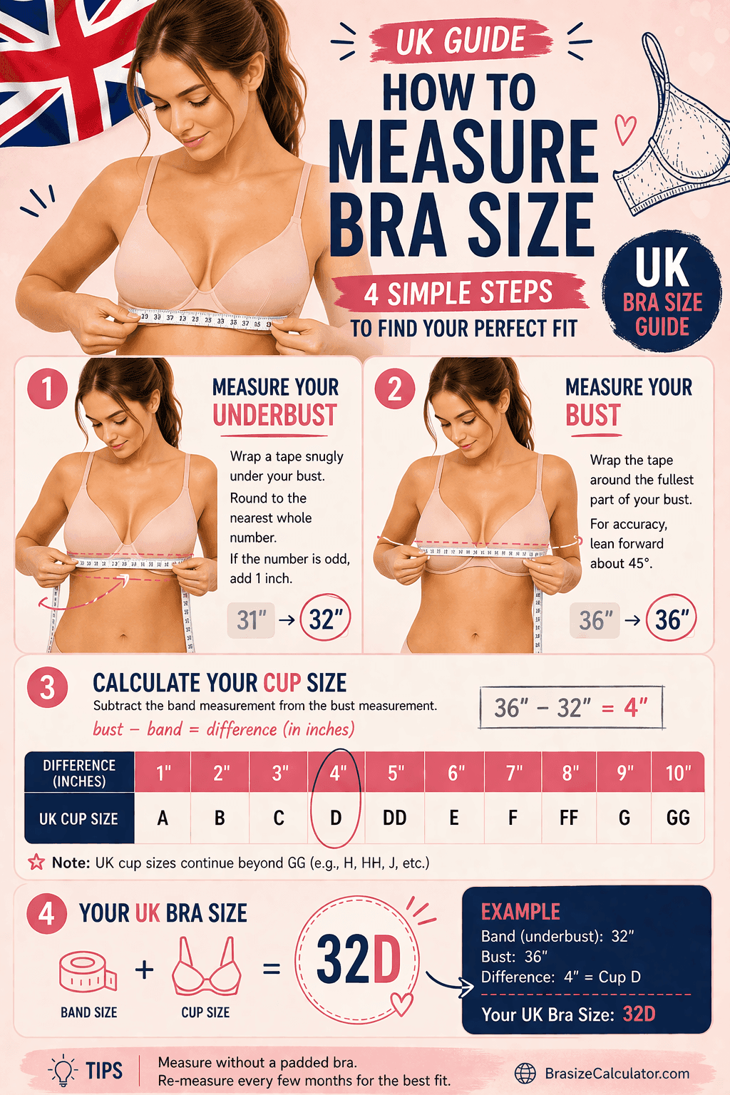 UK bra size measurement infographic showing underbust bust cup difference and UK bra size result