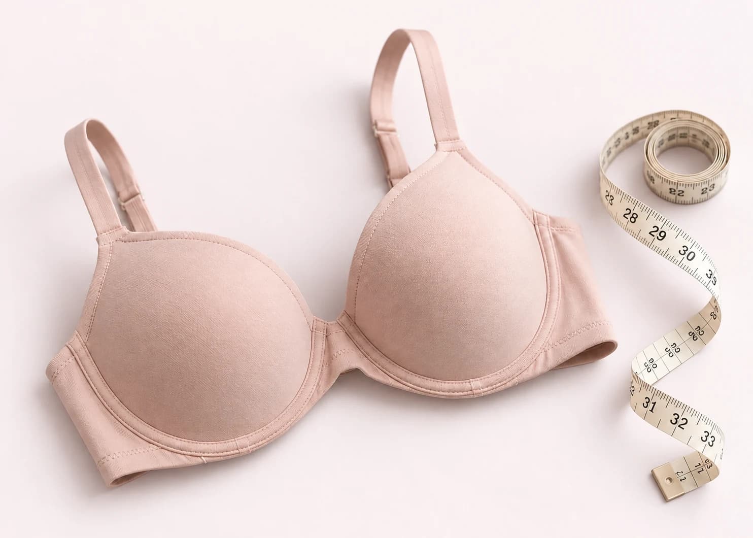 A blush bra and a soft measuring tape on a pale blush surface.