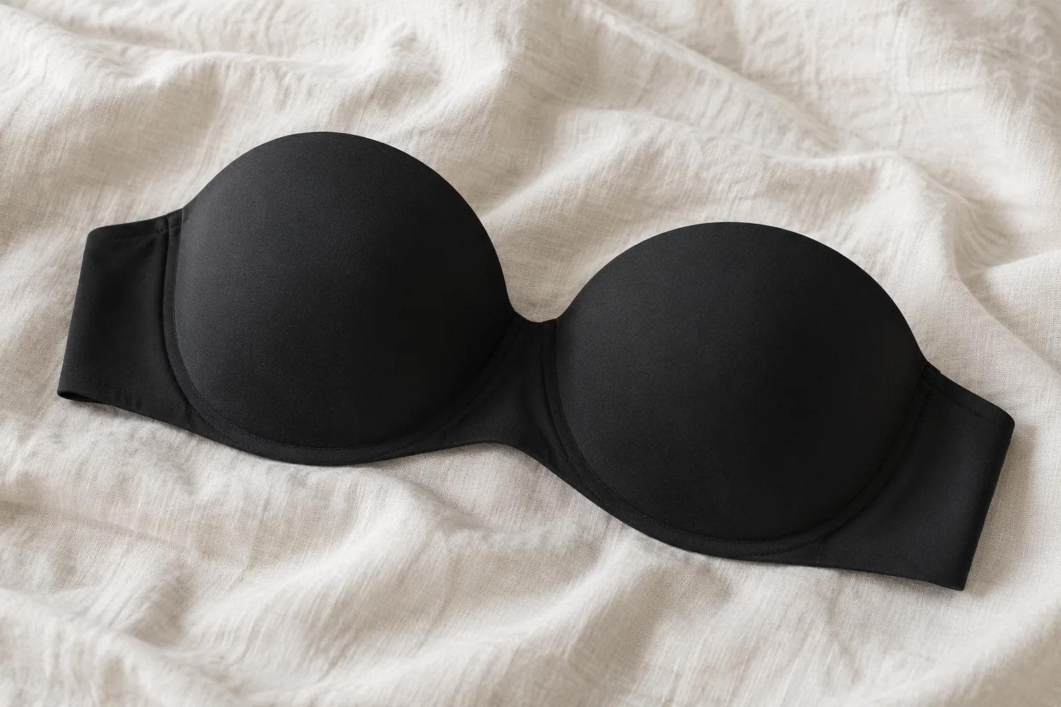 Illustrative black strapless bra resting on softly folded ivory linen.