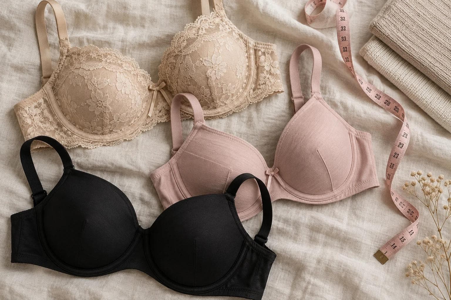 Beige, blush and black bras arranged on cream linen beside a pink measuring tape.