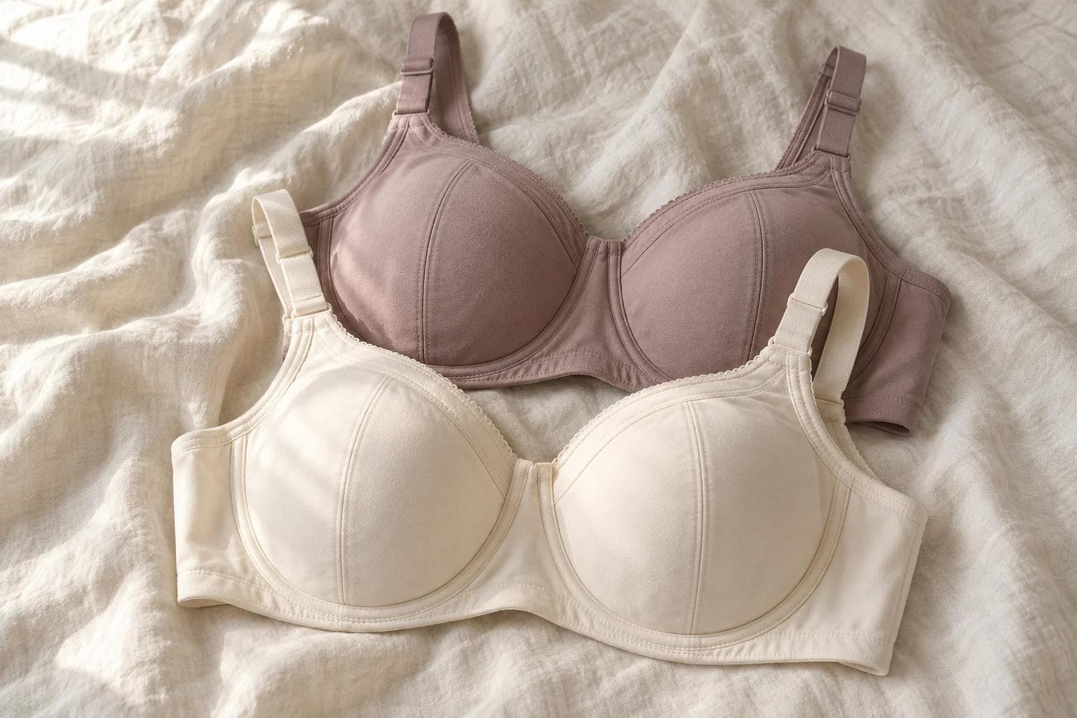 Illustrative mauve and cream full-cup bras arranged on ivory linen.