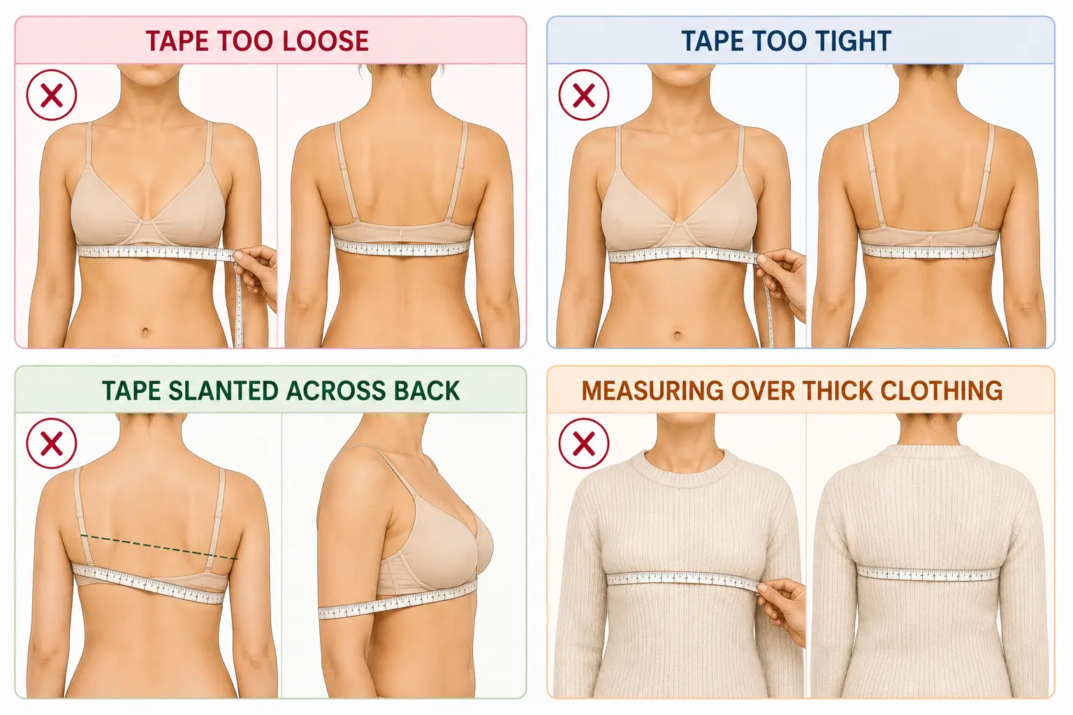 Common bra size measuring mistakes including loose tape slanted tape and thick clothing