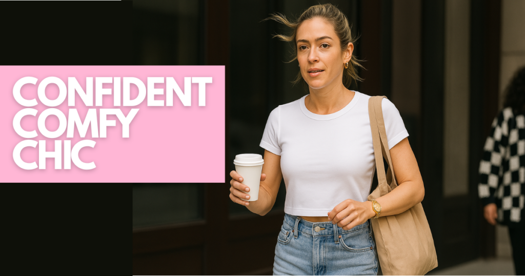 A stylish woman walks confidently down a city street wearing a fitted white T-shirt, holding a coffee cup and carrying a beige tote bag.