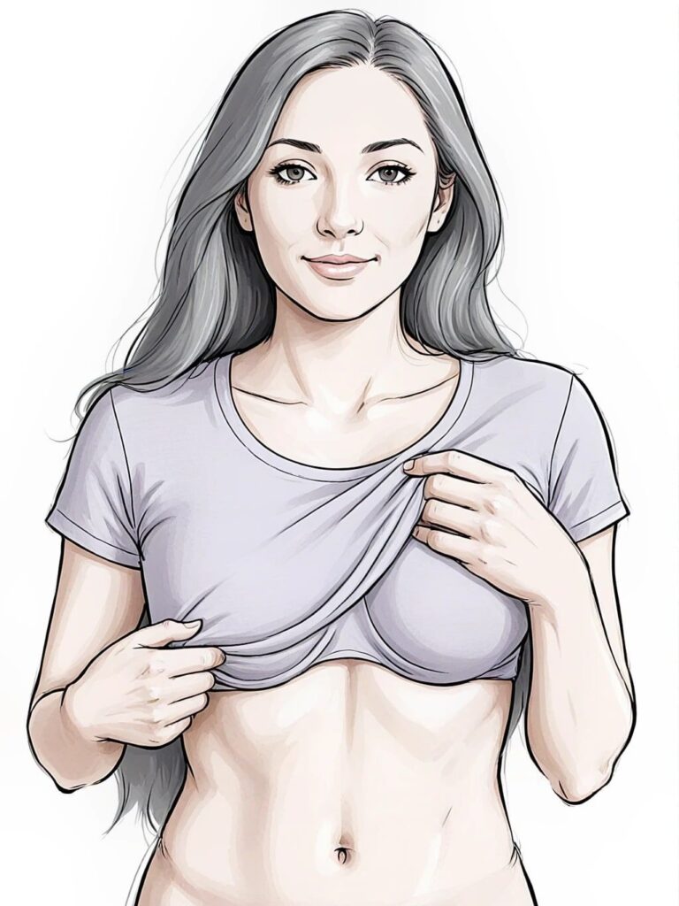 Women wearing T-shirt peeking out a t-shirt bra.